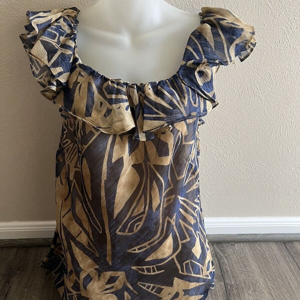 Lauren Ralph Lauren Women Leaf Print Ruffle Neck Sleeveless Top sz M B4HP
